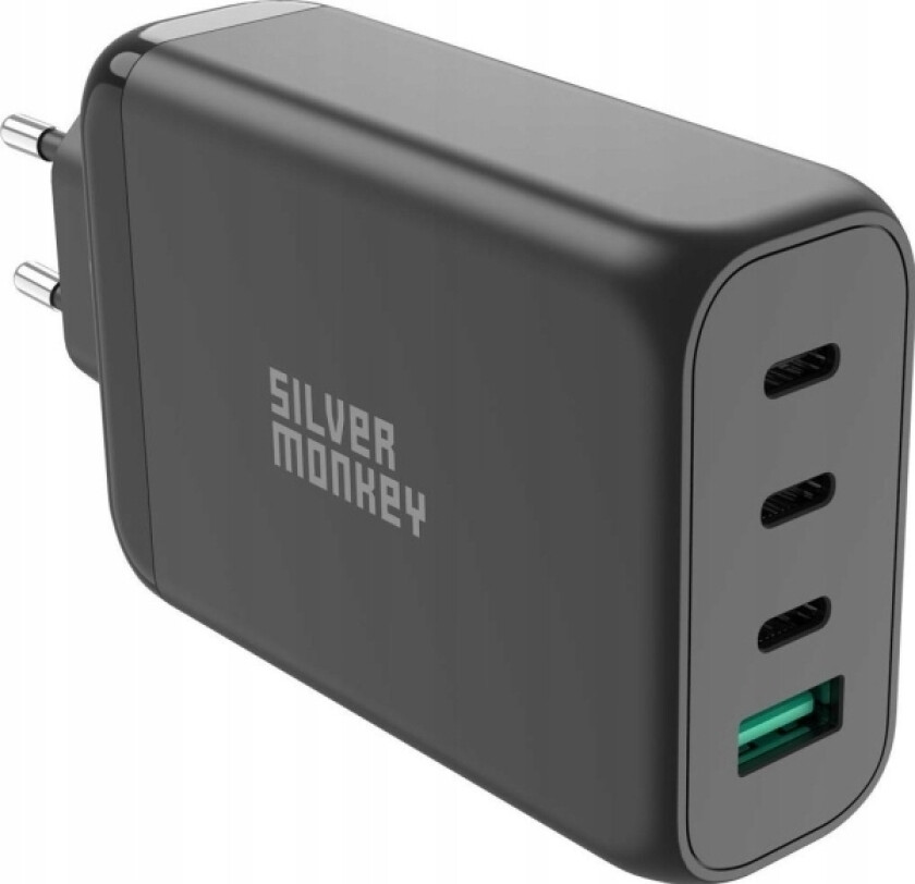 Silver Monkey-Lader Silver Monkey Gan 130W Vegglader 3X Usb-C Pd 1X Usb-A 3.0 Qc - Svart