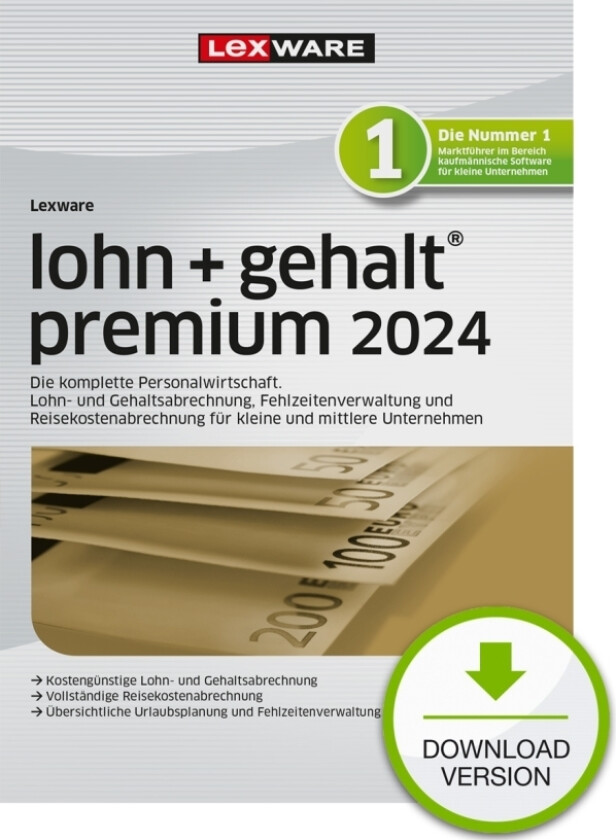 Bilde av Lohn+Gehalt Premium 2024, Regnskab, 1 Lisens(Er), Tysk, Windows 11 Enterprise X64, Windows 10, Windows 11 Home, Windows 10 Education, Windows