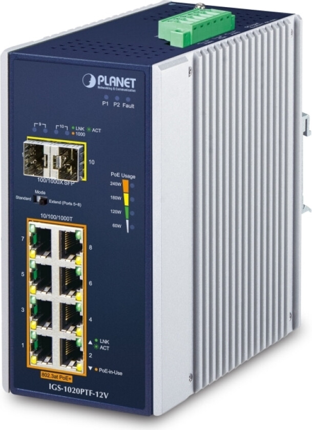 Planet Ip30 Ind 8-P 10/100/1000T, Uhåndtert, Gigabit Ethernet (10/100/1000), Full Tosidig, Strøm Over Ethernet (Poe), Kan Monteres På Vegg