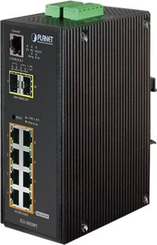 Planet Igs-10020Pt - Switch - Styrt - 8 X 10/100/1000 (Poe) + 2 X Gigabit Sfp - Din-Skinnemonterbar, Veggmonterbar - Poe (130 W) - Dc-Strøm