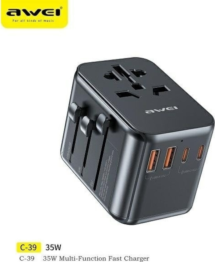 Awei Lader Awei Adapter Nettverk 2Xusb+3Xusb-C C-39 35W 4In1 Us/Au/Eu/Uk Svart/Svart Univesal Travel Gan Lader