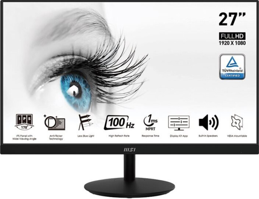 Msi Pro Mp271a - Led-Skjerm - 27" - 1920 X 1080 Full Hd (1080P) @ 100 Hz - Ips - 300 Cd/M² - 1000:1 - 1 Ms - Hdmi, Vga, Displayport - Høyttalere