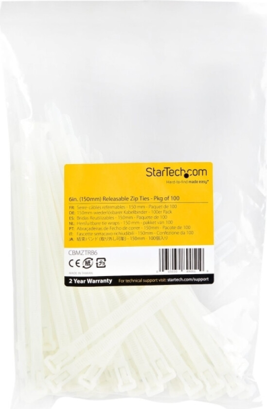 Startech.Com 15Cm(6") Reusable Cable Ties, 7Mm(1/4") Wide, 35Mm(1-3/8") Bundle Dia. 22Kg(50Lb) Tensile Strength, Releasable Nylon Ties, Indoor/Outdoo