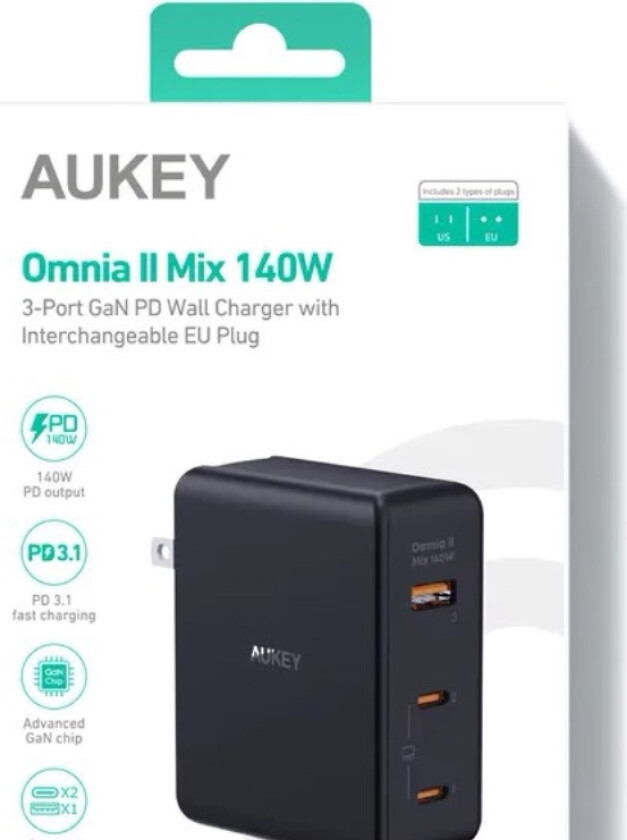 Netoplader Aukey Pa-B7o Omnia Ii Gan 2Xusb-C 1Xusb-A Pd 3.1 Pps 140W Eu/Us/Uk