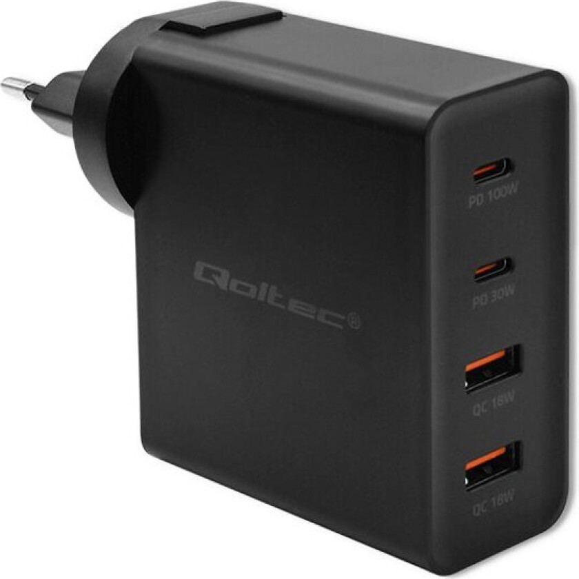 Power Pro - Strømadapter - Gan, 5-20V, 1.5A - 130 Watt - 5 A - Pd, Qc - 4 Utgangskontakter (2 X Usb, 2 X Usb-C) - Svart