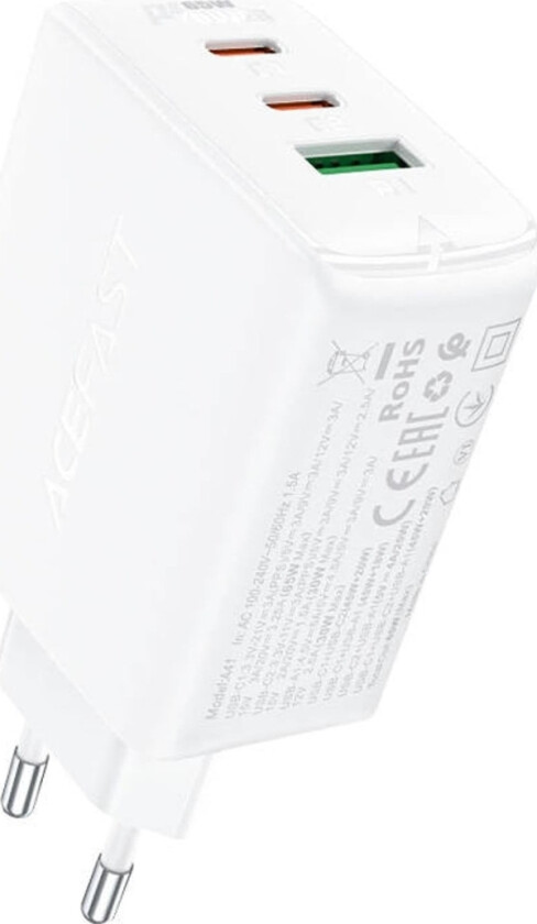 -Lader A41 Vegglader, 2X Usb-C + Usb, Gan 65W (Hvit)