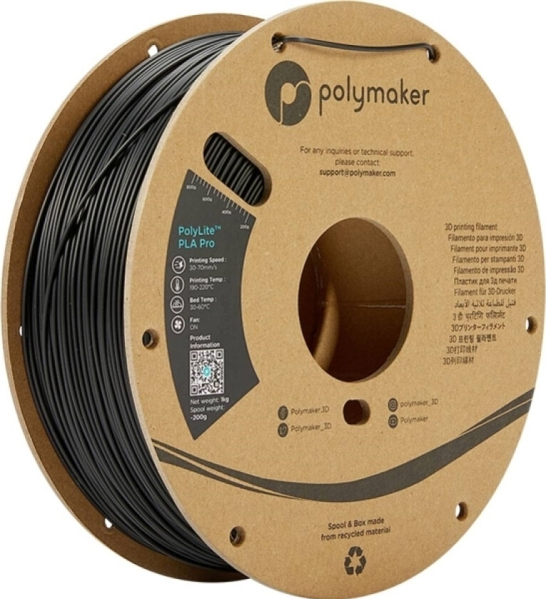 Polymaker Pa07001 Filament Pla Pro Høj Grad Af Stivhed, Slagfast 1.75 Mm Sort Polylite™ 1 Stk