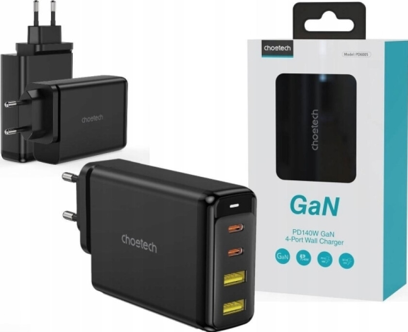 Gan Lader 140W 4 Porter (2X Usb C, 2X Usb) Svart (Pd6005)