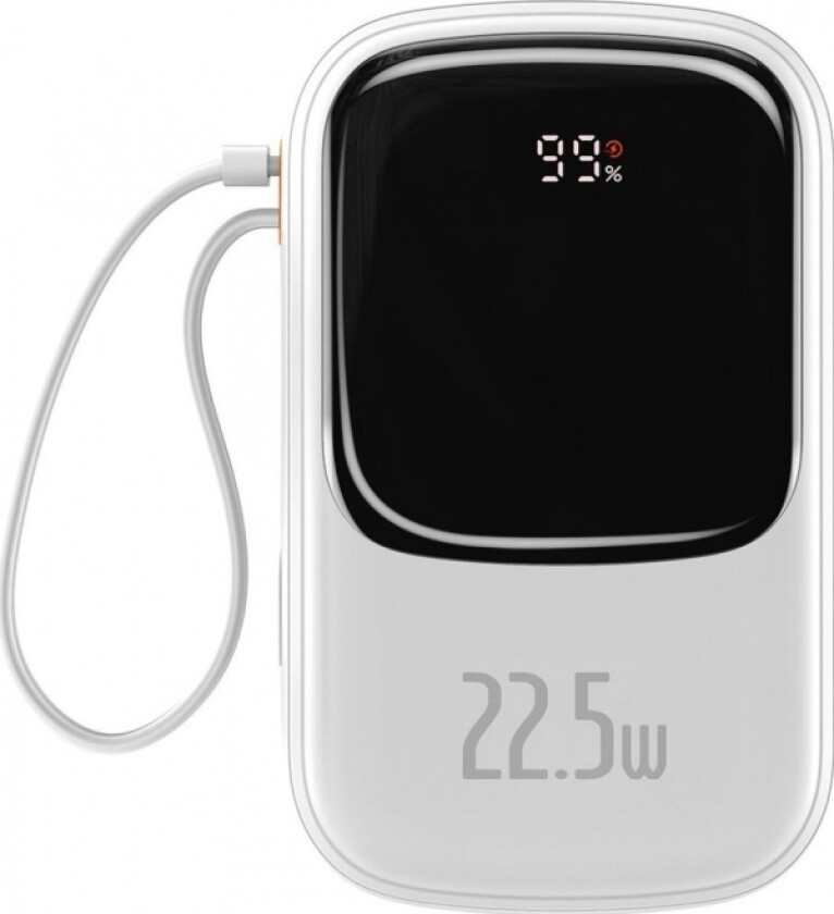 Qpow Digital Display Powerbank Med Hurtiglading 20000Mah 22,5W Qc/Pd/Scp/Fcp Med Innebygd Usb-C-Kabel Hvit