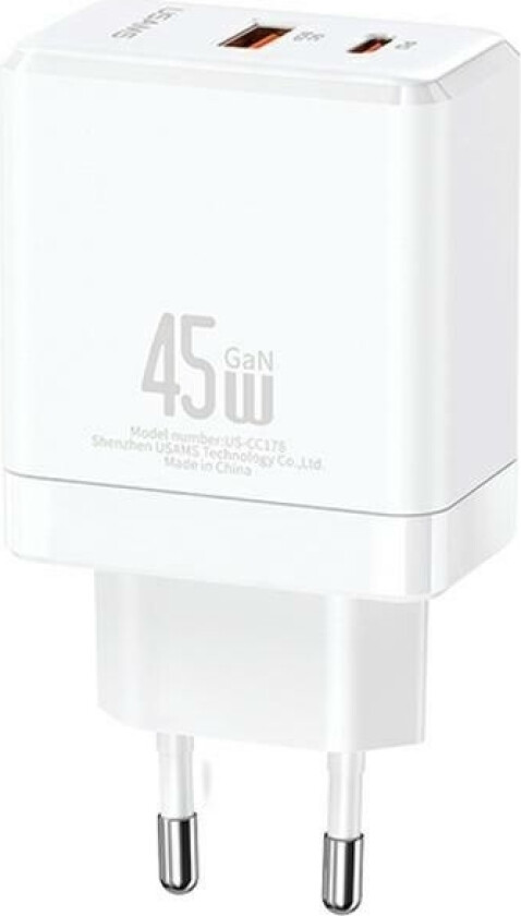 Usams Lader Usb-C+Usb-A 45W Gan Pd 3.0 Vegglader