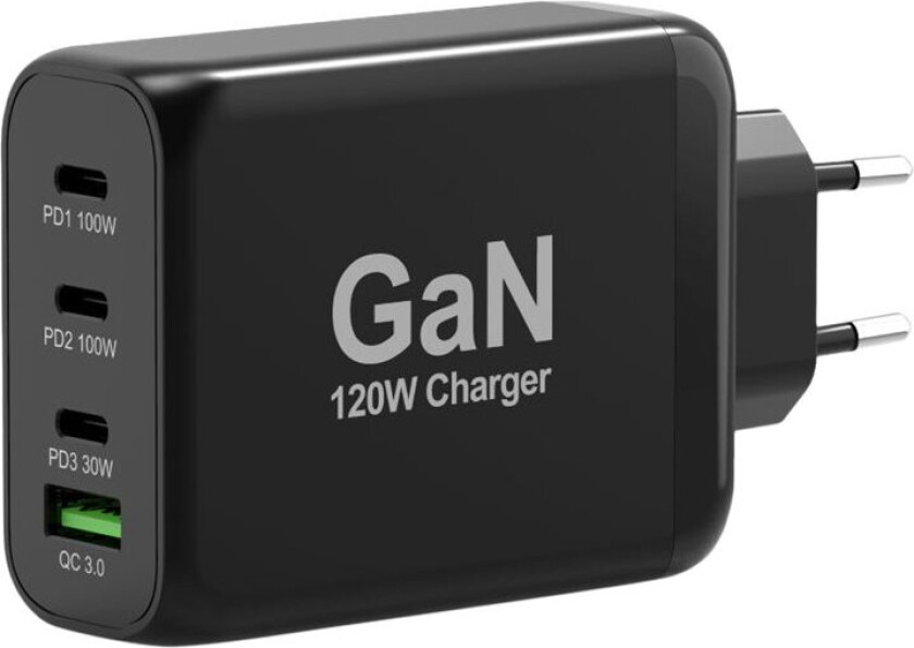 Port Connect - Strømadapter - Gan-Teknologi - 120 Watt - 5 A - Pd, Qc 3.0 - 4 Utgangskontakter (Usb-Type A, 3 X Usb-C) - Europa