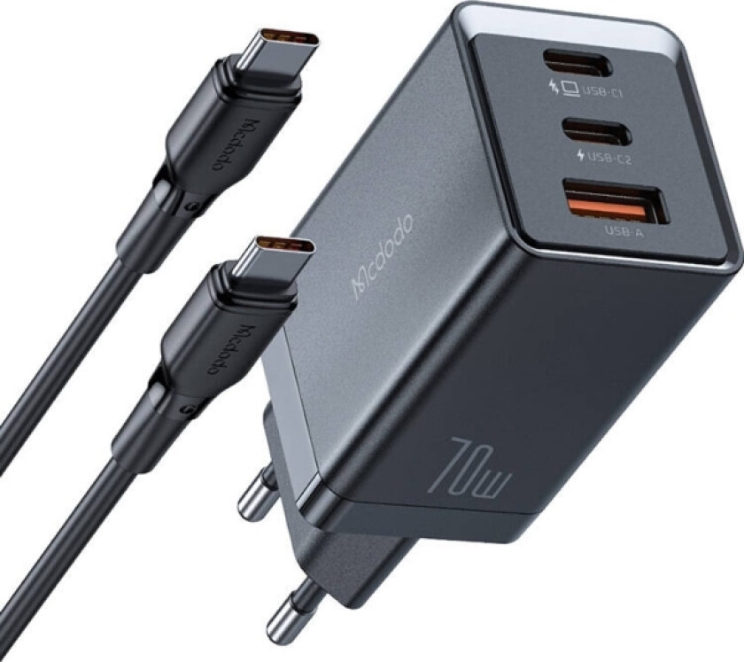 Ch-1543 Gan-Lader, 2X Usb-C, 1X Usb, 67W + Usb-C Til Usb-C-Kabel 2M (Svart)