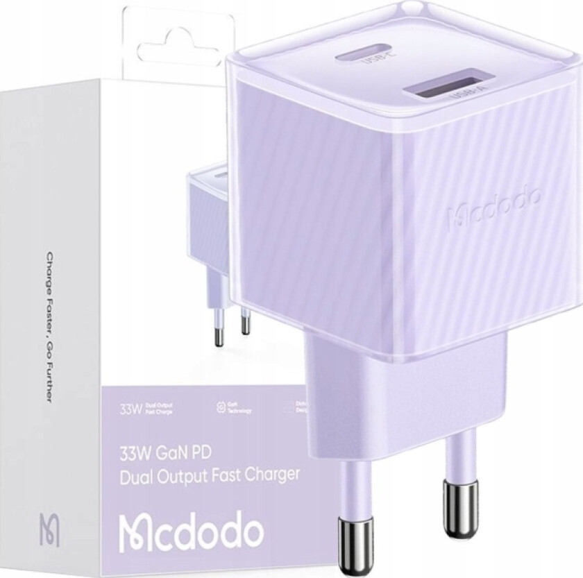 Lader Rask Nettverkslader For Telefon Strømforsyning 2X Usb Usb-C 33W Gan Lilla