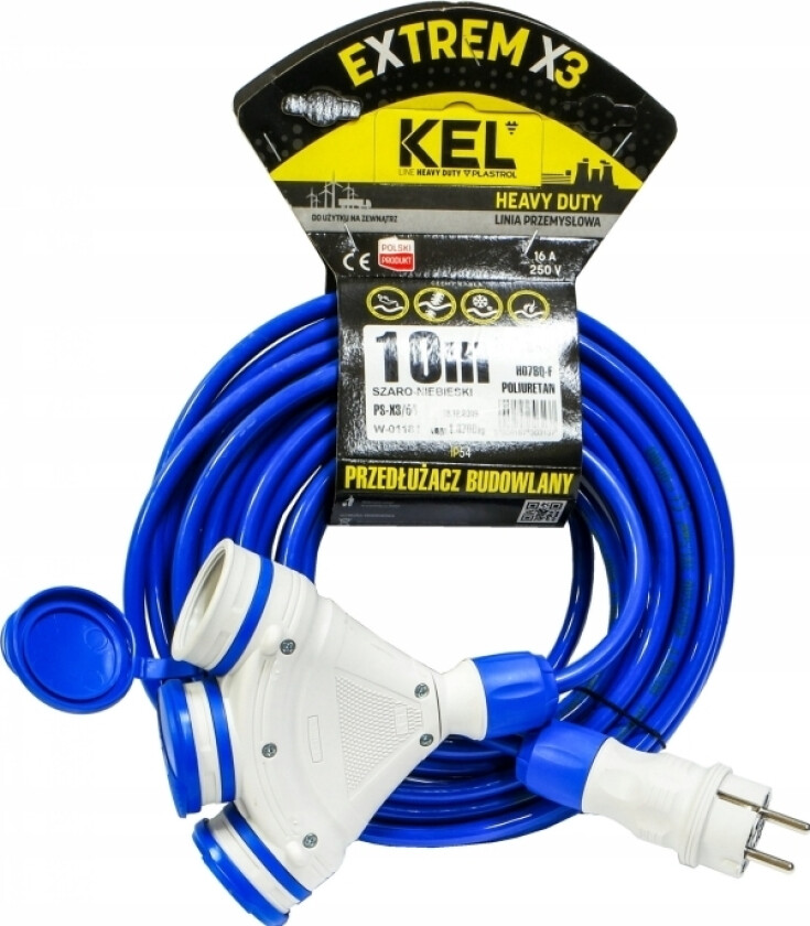 Kel Construction Skjøteledning 3-Kontakt M/U 10M /H07bq-F 3X1,5/ Ip54 Grå/Blå W-01181