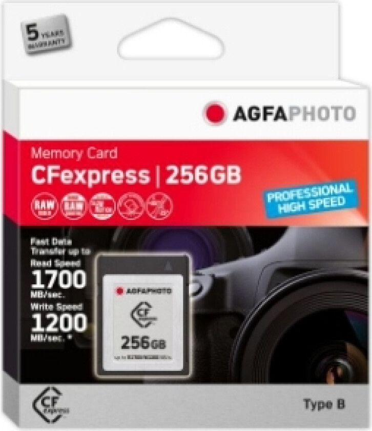photo Cfexpress Professional, 256 Gb, Cfexpress, Nand, 1700 Mb/S, 1200 Mb/S, Kuldebestandig, Varme Motstandig, Sjokkresistent, Røntgenbestandig