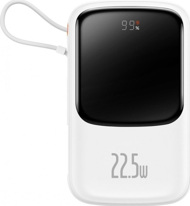 Qpow Digital Display Powerbank Med Hurtiglading 10000Mah 22,5W Qc/Pd/Scp/Fcp Med Innebygd Usb-C-Kabel Hvit