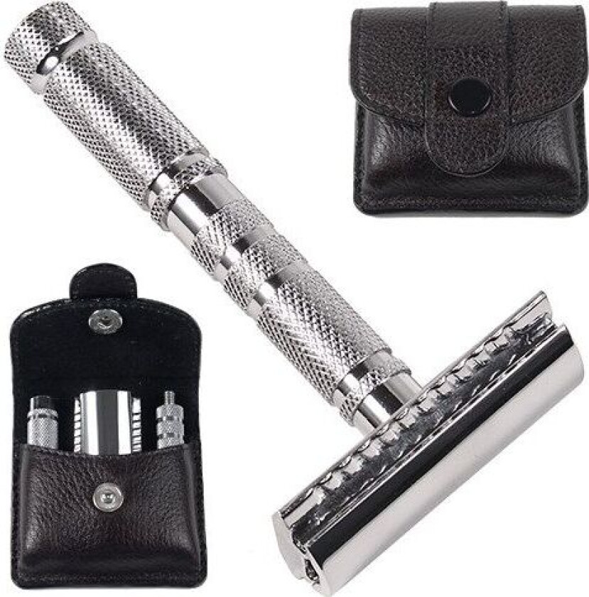 A1-R 4 piece travel safety razor & leather pouch