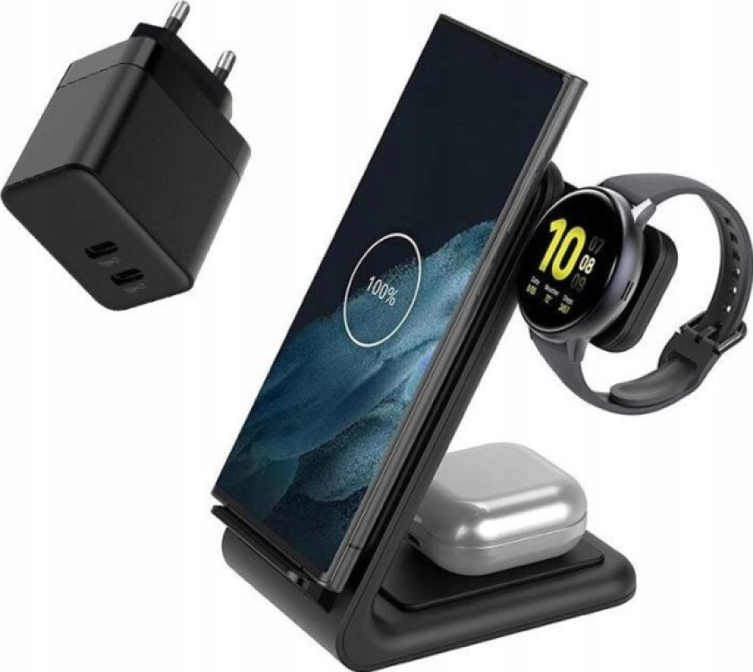 - Gan Pd 35W Lader Pluss Powerspot Pivot Stand 3In1 Trådløs Lader For Iphone, Samsung Og Android