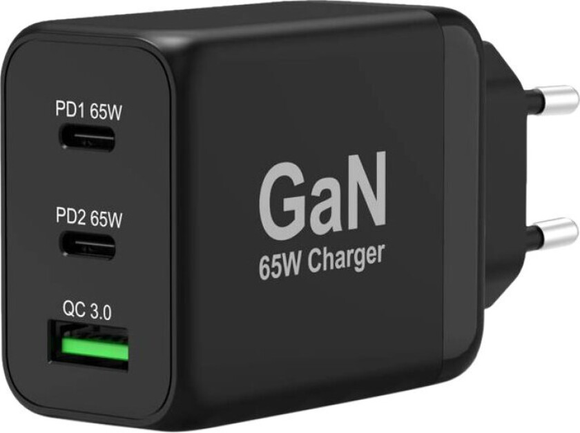 Port Connect - Strømadapter - Gan-Teknologi - 65 Watt - 3.25 A - Pd 3.0, Qc 3.0 - 2 Utgangskontakter (Usb-Type A, 24 Pin Usb-C) - Europa
