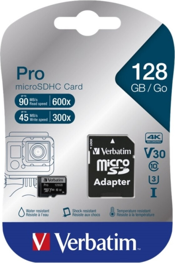 Pro - Flashminnekort (Microsdxc Til Sd-Adapter Inkludert) - 128 Gb - Video Class V30 / Uhs-I U3 / Class10 - 300X/600X - Microsdxc Uhs-I