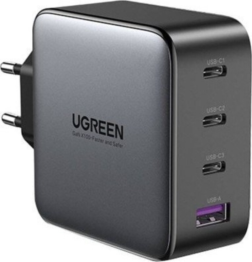 Vegglader Ugreen Cd226, 3X Usb-C, 1X Usb-A, Gan, Pd3.0, Qc4+, 100W, 1,5M Kabel (Grå)