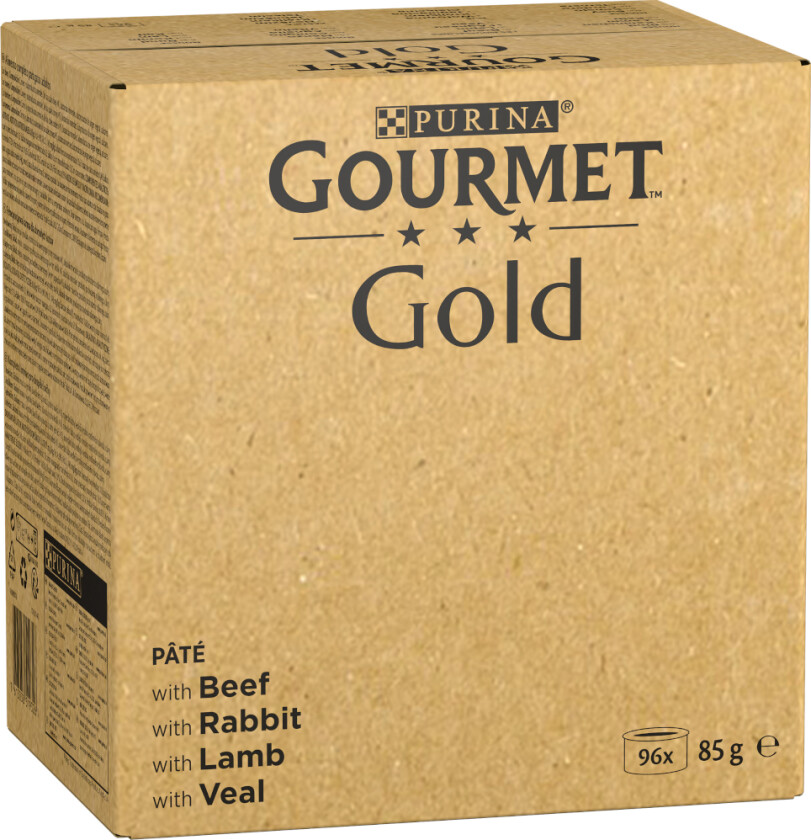 Jumbopakke: Gourmet Gold 96 x 85 g - Hjertelig Mousse: Okse, Kanin, Lam, Kalv