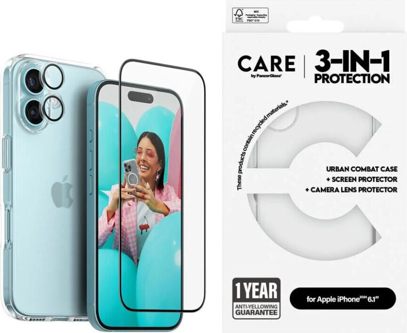 CARE By PanzerGlass iPhone 16 3-i-1 FLAGSHIP Bundle - Skjermbeskyttelse (UWF) / Deksel / Kamerabeskyttelse - Gjennomsiktig