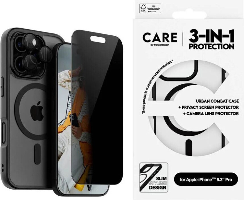 CARE By PanzerGlass iPhone 16 Pro 3-i-1 FLAGSHIP MagSafe Bundle - Privacy Skjermbeskyttelse (UWF) / Deksel / Kamerabeskyttelse - Gjennomsiktig / Svart