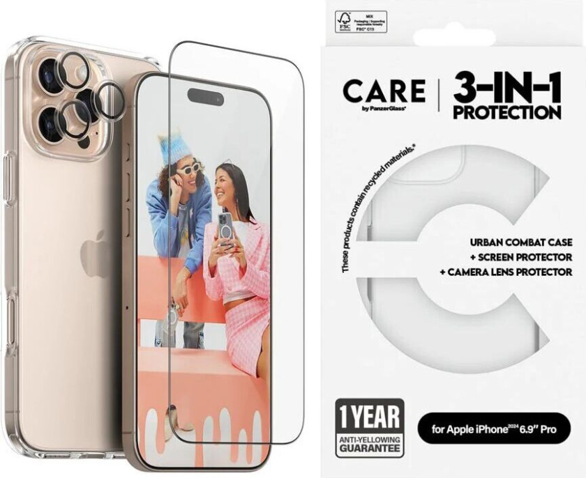 CARE By PanzerGlass iPhone 16 Pro Max 3-i-1 FLAGSHIP Bundle - Skjermbeskyttelse (UWF) / Deksel / Kamerabeskyttelse - Gjennomsiktig