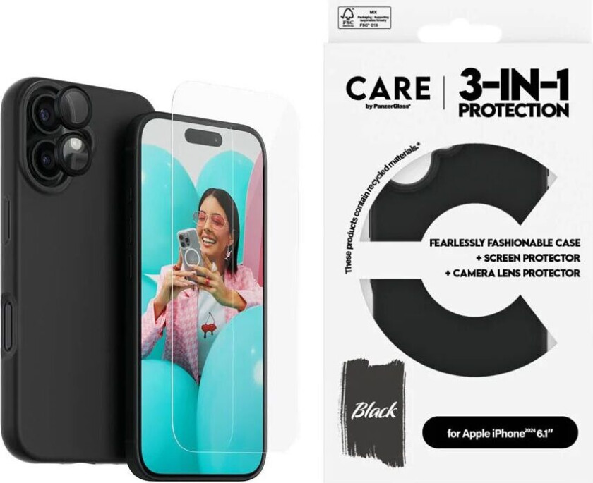 CARE By PanzerGlass iPhone 16 3-i-1 FASHION Bundle - Skjermbeskyttelse (UWF) / Deksel / Kamerabeskyttelse - Gjennomsiktig / Svart