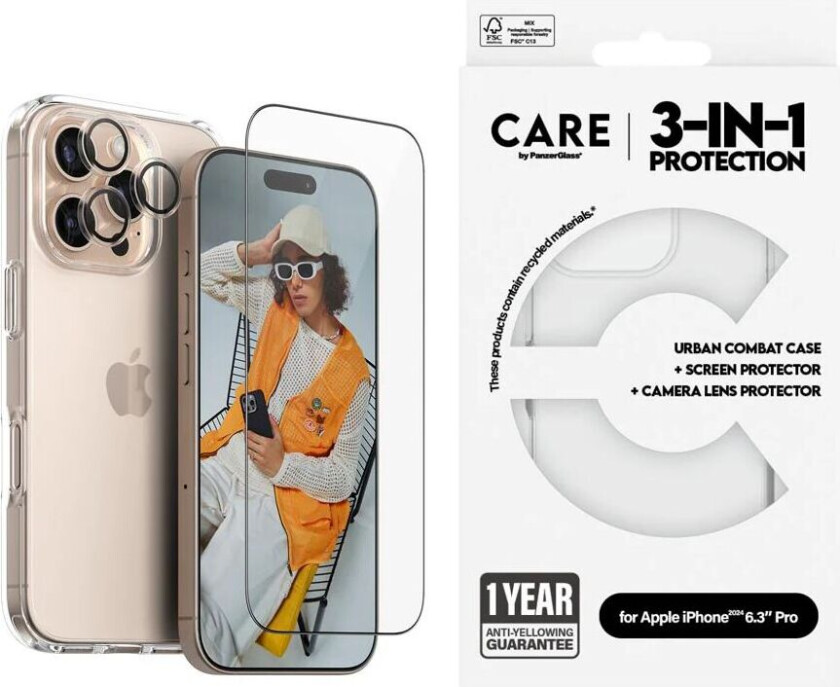 CARE By PanzerGlass iPhone 16 Pro 3-i-1 FLAGSHIP Bundle - Skjermbeskyttelse (UWF) / Deksel / Kamerabeskyttelse - Gjennomsiktig