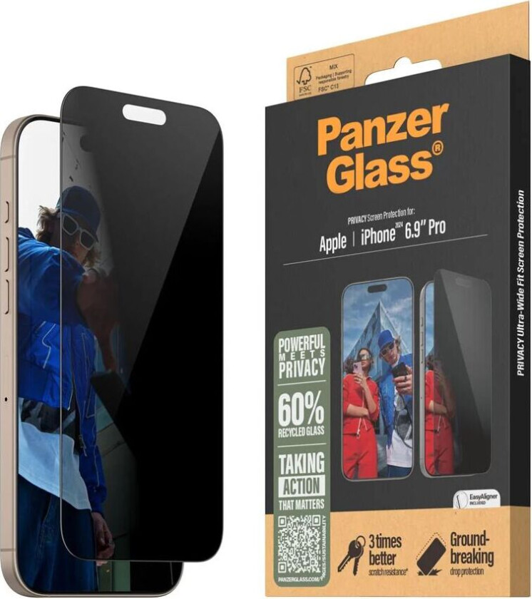 Bilde av iPhone 16 Pro Max PanzerGlass Ultra Wide Fit Skjermbeskyttelse m. EasyAligner - Privacy - Diamond Strength - Gjennomsiktig / Svart Kant