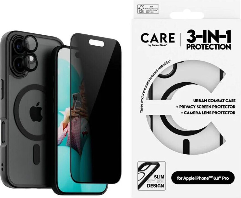 Bilde av CARE By PanzerGlass iPhone 16 3-i-1 FLAGSHIP MagSafe Bundle - Privacy Skjermbeskyttelse (UWF) / Deksel / Kamerabeskyttelse - Gjennomsiktig / Svart