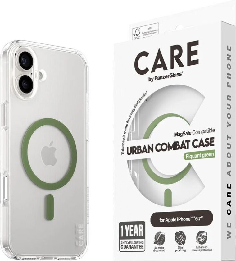 CARE by PanzerGlass iPhone 16 Plus FLAGSHIP Urban Combat-deksel - MagSafe Kompatibel - Transparent / Piquant Green