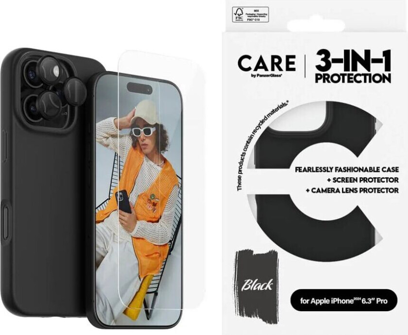 CARE By PanzerGlass iPhone 16 Pro 3-i-1 FASHION Bundle - Skjermbeskyttelse (UWF) / Deksel / Kamerabeskyttelse - Gjennomsiktig / Svart