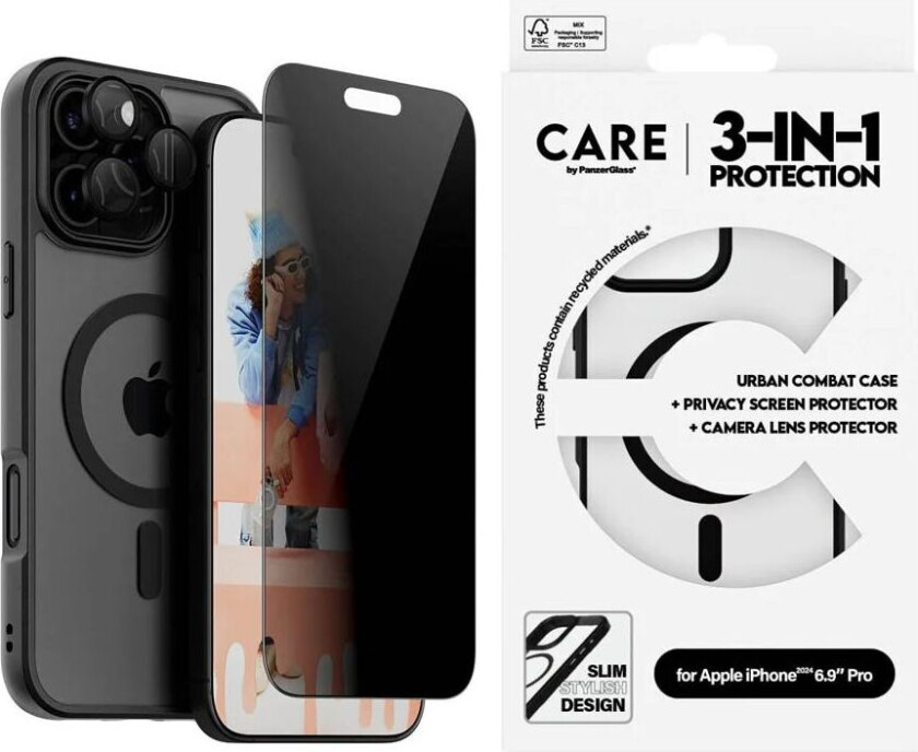 Bilde av CARE By PanzerGlass iPhone 16 Pro Max 3-i-1 FLAGSHIP MagSafe Bundle - Privacy Skjermbeskyttelse (UWF) / Deksel / Kamerabeskyttelse - Gjennomsiktig / Svart