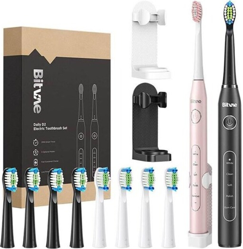 Elektrisk tannbørste Sonic toothbrushes with tips set and 2 toothbrush holders D2+D2 (pink and black)