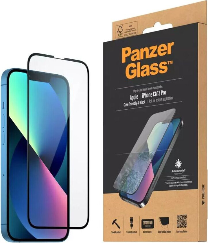 iPhone 13 / 13 Pro PanzerGlass AntiBacterial Edge-to-Edge Beskyttelsesglass- Case Friendly - Svart Kant