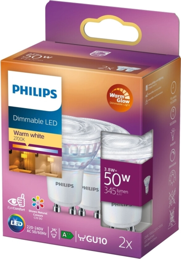 - Led-Pære For Søkelys - Gu10 - 3.8 W (Ekvivalent 50 W) - Klasse F - Varmt Hvitt Lys - 2200-2700 K (En Pakke 2)