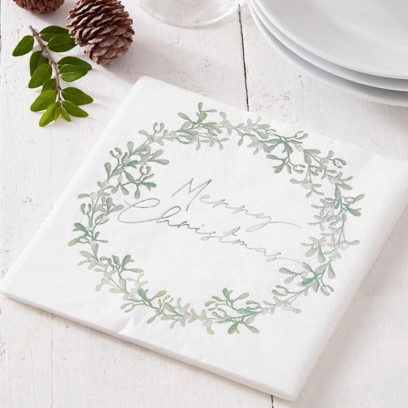 Servietter, krans -Merry Christmas- sølv, pk/16