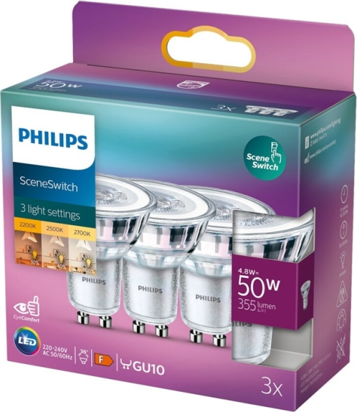 Sceneswitch - Led-Pære For Søkelys - Gu10 - 1.5/3.5/4.8 W (Ekvivalent 50 W) - Klasse F - Varmhvitt/Flammelys - 2200/2500/2700 K (En Pakke 3)