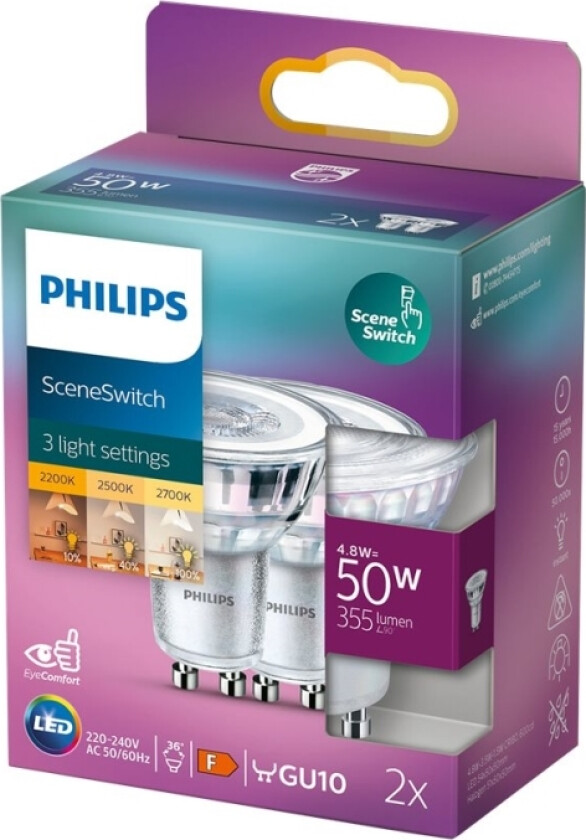 Sceneswitch - Led-Pære For Søkelys - Gu10 - 1.5/3.5/4.8 W (Ekvivalent 50 W) - Klasse F - Varmhvitt/Flammelys - 2200/2500/2700 K (En Pakke 2)