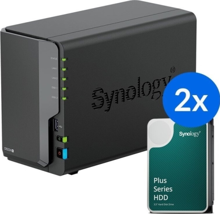 Server Ds224+ /24T | 2-Bay Nas-Server Med Disker Med En Total Kapasitet På 24Tb, Tower