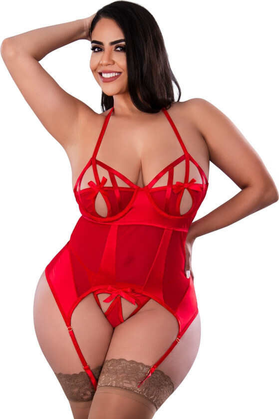 Holidaze Peek-A-Boo Basque og G-streng Sett Plus Size - Rød - Queen size