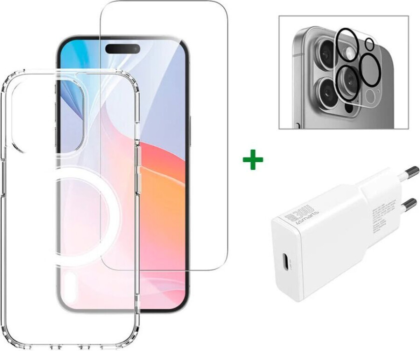 iPhone 16 Pro 4smarts Premium Starter Set - MagSafe Deksel, Beskyttelse for Skjerm og Kameralinse & 30W Vegglader - Gjennomsiktig / Hvit