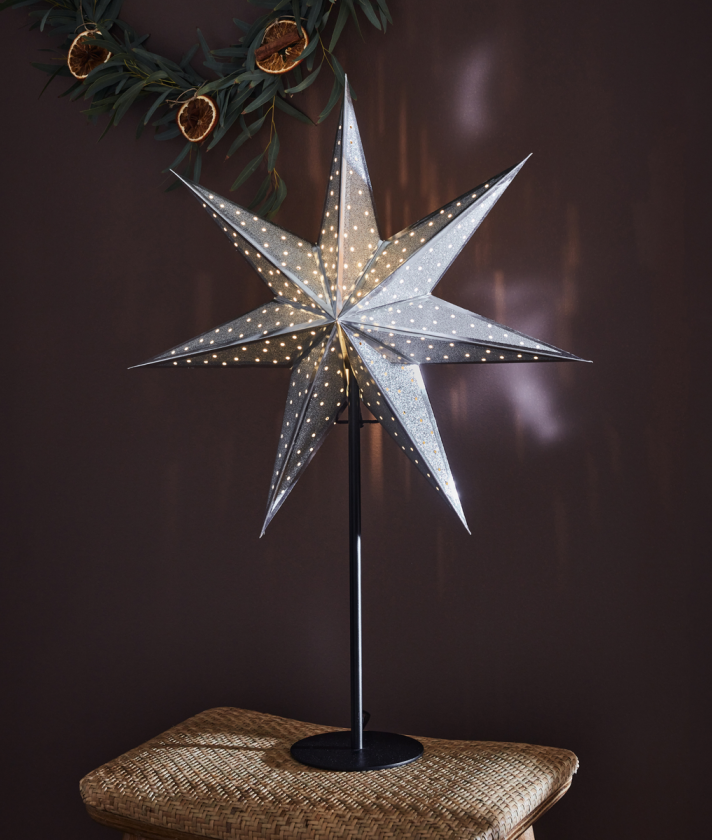 Glitter papirstjerne på fot 45 cm - Sølv/Svart - Sølv / Svart - Sølv / Svart