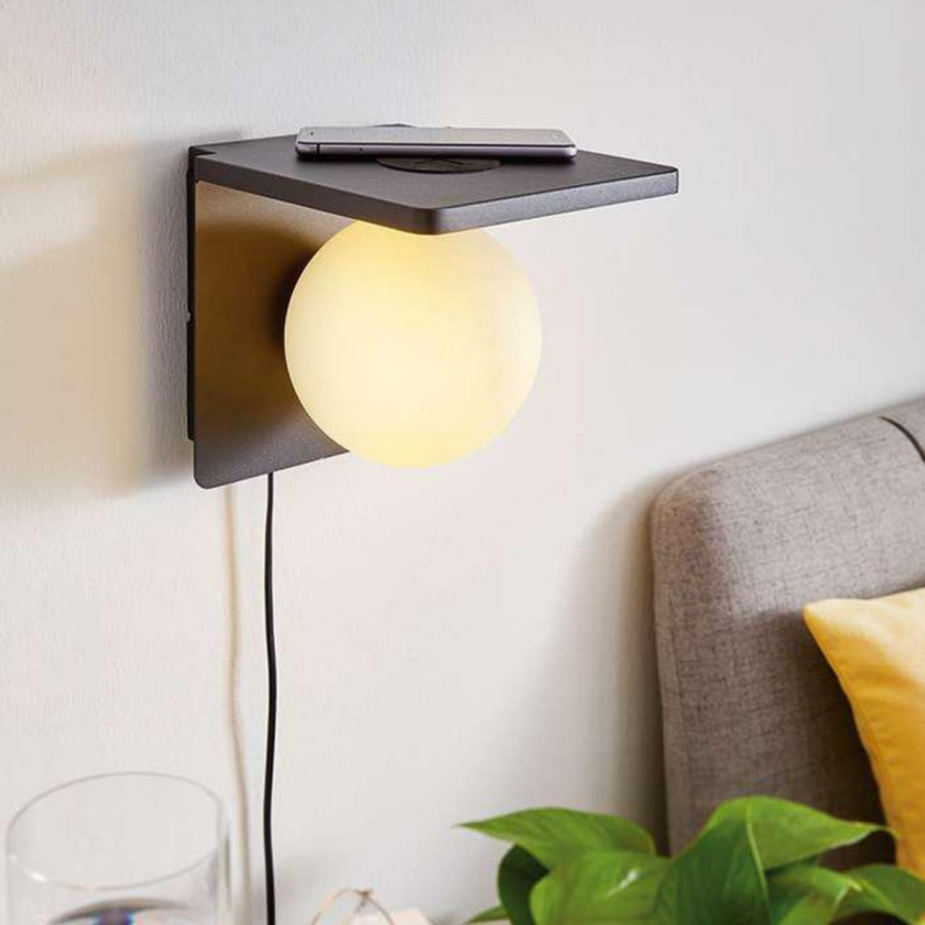 Ciglie vegglampe med trådløs lader for mobilen - Svart/Opal - Svart / Hvit