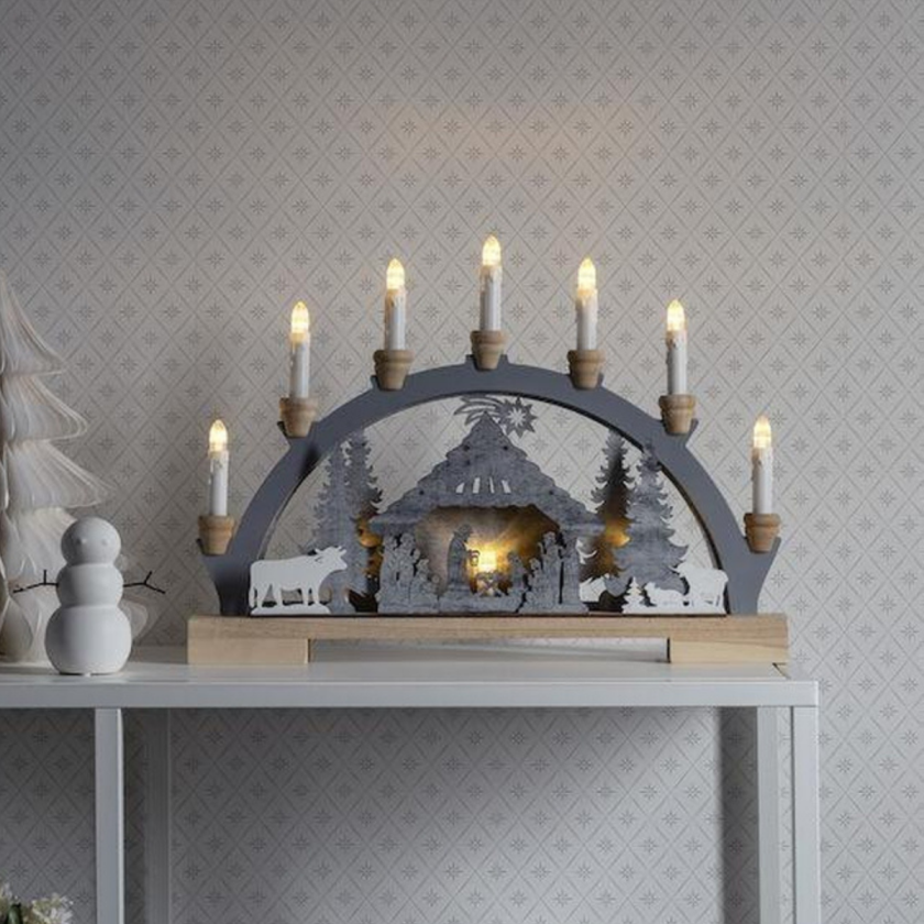 Adventsstake med dekorasjon julestall - Hvit/Grå - Grå / Hvit