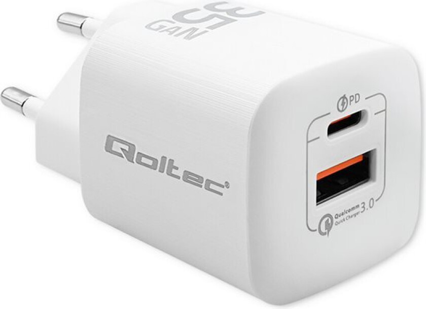 - Strømadapter - Gan - 35 Watt - 3 A - Pd, Qc 3.0 - 2 Utgangskontakter (Usb-Type A, 24 Pin Usb-C) - Hvit