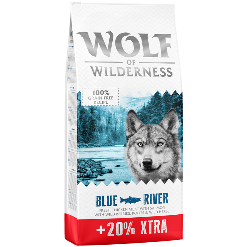 12 + 2,4 kg gratis! 14,4 kg Wolf of Wilderness - kornfri - Blue River - Laks